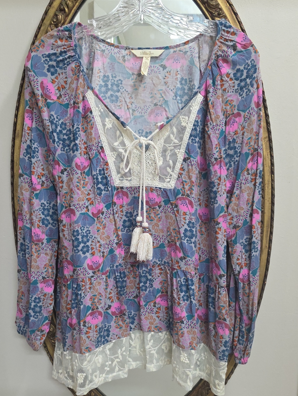 Matilda Jane Floral Lace-Trim Peasant Top Pink Blue Bohemien Size M